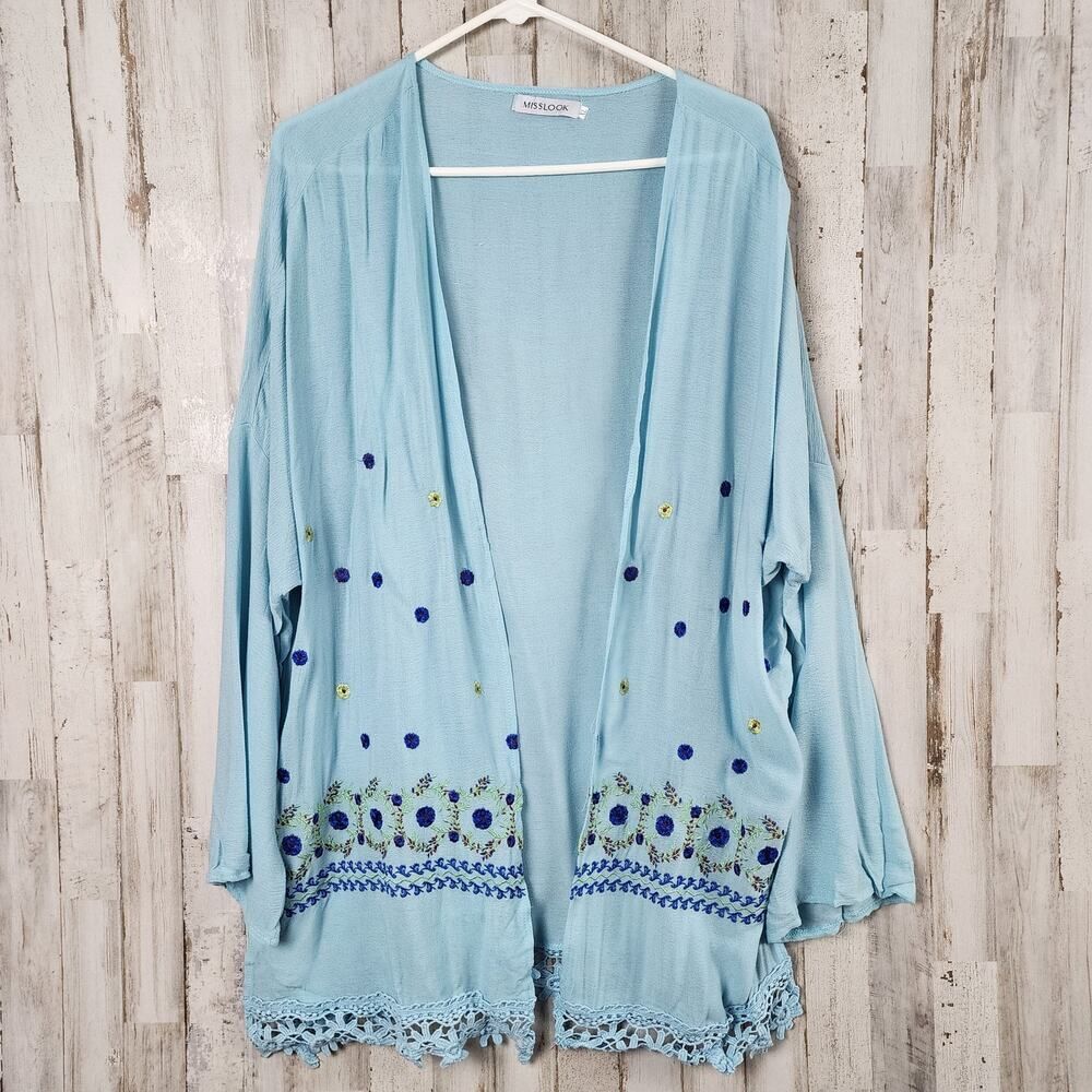 MissLook Floral Embroidered Lace Cardigan Blue Size XL